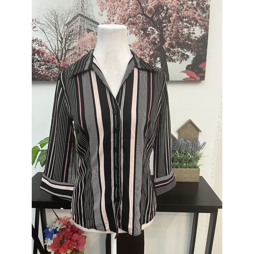 Dress Barn Women’s Top Shirt Blouse Small Button Down Striped 3/4 Sleeve